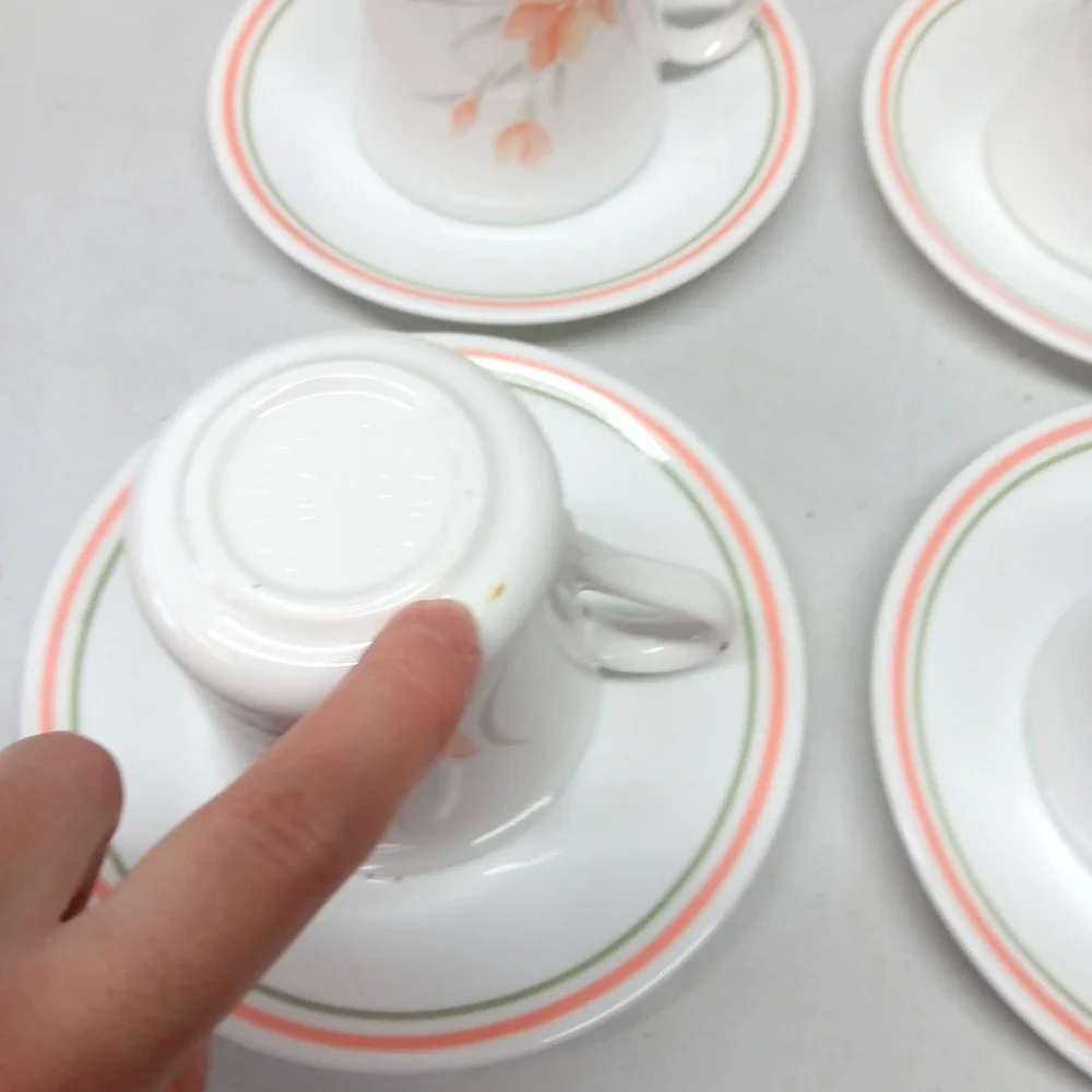 Vintage Corelle Peach Floral Cup Saucer Set‎ 4 Pink Green Stripe USA